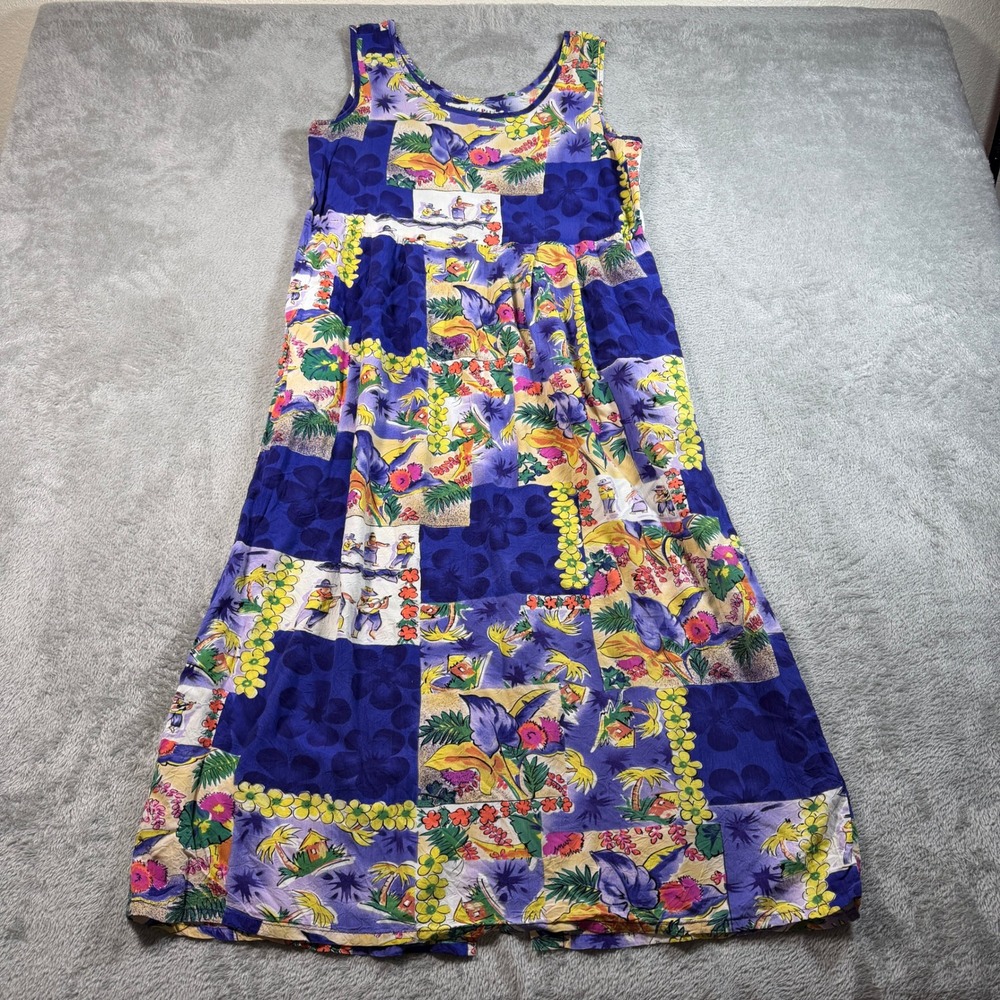 Vintage Jams World Maxi Dress Women Small Blue Tropical Floral Hawaii Sleeveless